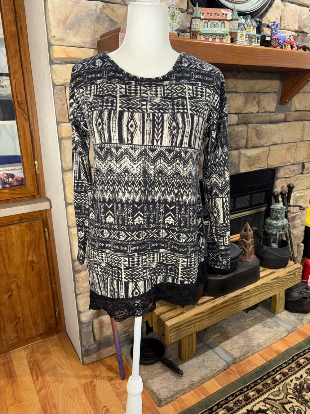 French laundry size medium blue long sleeve asymmetrical sweater with black lace